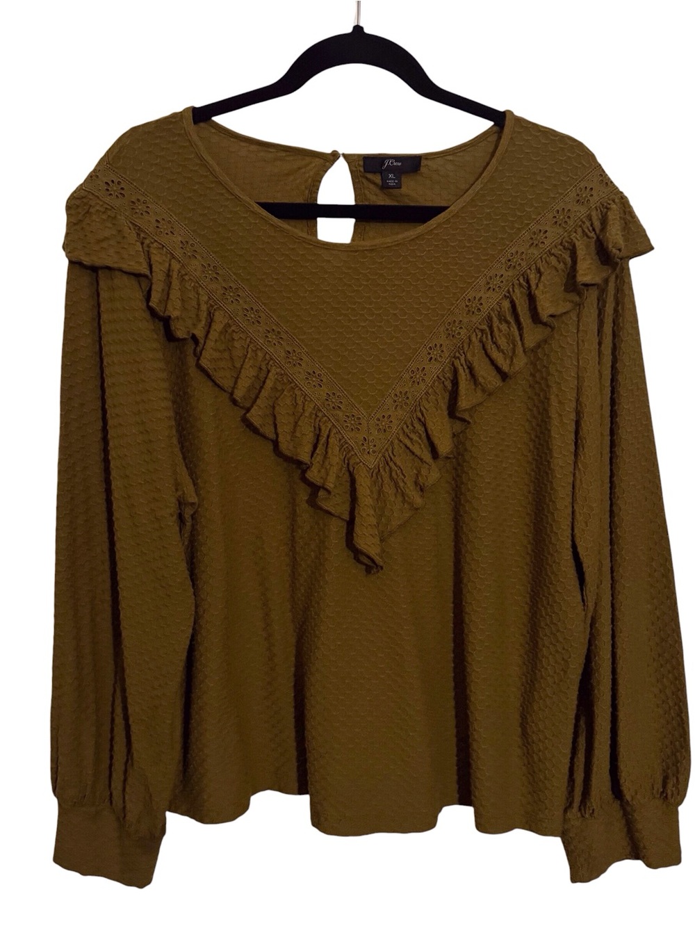 J. Crew Sizes X-Large Cyprus Olive Ruffle Trum Honeycomb Top Cottagecore Boho